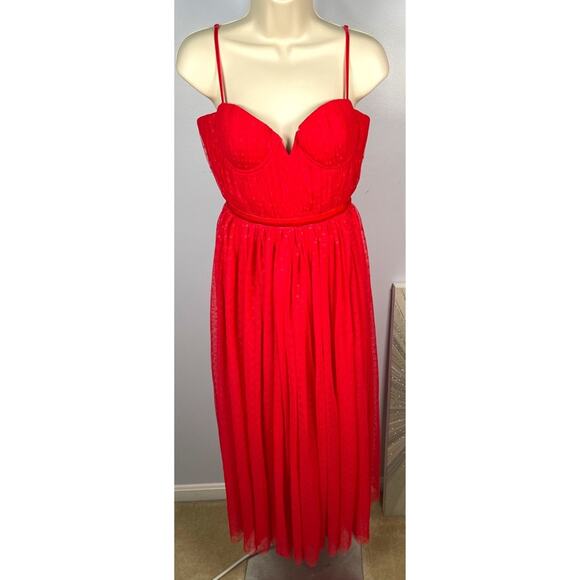 SAU LEE Selena Swiss Dot Tulle Red Bustier Maxi Dress Size 4 - Picture 3 of 11
